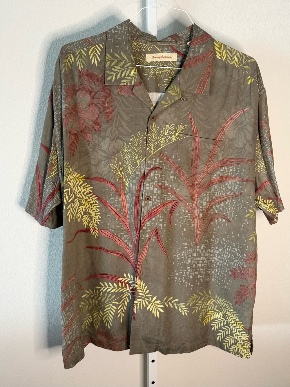 Tommy Bahama Men's Short-Sleeve Tropical Print Shirt - Olive with Red & Yellow